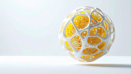 A luminous sphere floats in a clean, white space, its intricate web-like structure containing a vibrant golden core. This image represents the convergence of technology and biology, symbolizing concepts like data networks, cellular energy, or a breakthrough scientific discovery.の素材