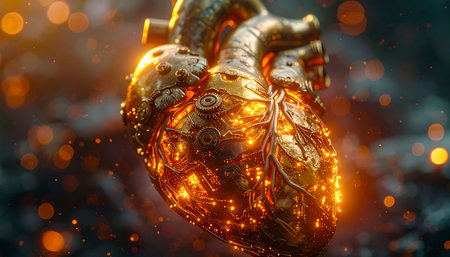 A mechanical heart, crafted from intricate golden gears, glows with a fiery internal energy. Sparks and warm bokeh emanate from its core, symbolizing powerful passion, technological innovation, or the very essence of life itself.の素材