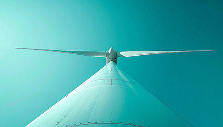 From a low-angle perspective, the sleek blades of a modern wind turbine slice through a serene, monochromatic teal sky. This minimalist composition evokes concepts of clean energy, sustainable technology, and a hopeful future powered by renewable resources.の素材