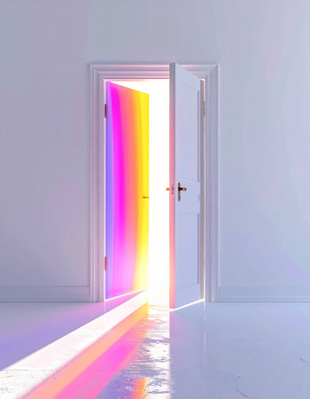 In a stark white, minimalist space, a door opens to reveal not another room, but a brilliant explosion of rainbow-colored light. This vibrant energy spills across the floor, representing a portal to new opportunities, creativity, and a hopeful, colorful future.の素材