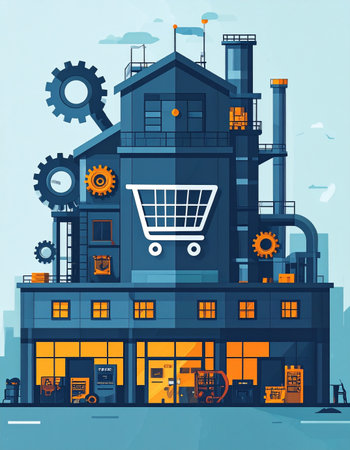 A stylized illustration depicts the powerhouse of modern retail, where a factory and a storefront merge into one. Gears turn and production hums to fulfill online orders, symbolized by the large shopping cart icon, ready to deliver goods directly from the source to the consumer.の素材