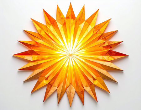 A beautifully crafted paper star glows with a warm, inviting light from within. Its intricate folds and vibrant orange and yellow hues create a sense of festive cheer and cozy comfort, perfect for holiday celebrations or adding a touch of brightness to any space.の素材