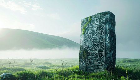 In the quiet dawn of a misty valley, an ancient rune stone stands as a silent sentinel. Its intricate carvings, weathered by time, hint at forgotten lore and untold stories waiting to be discovered in the tranquil, mystical landscape.の素材
