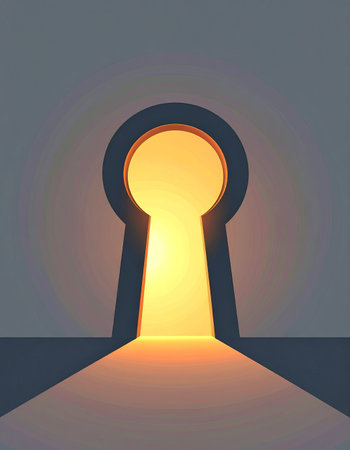 A beam of warm, golden light streams through a dark keyhole, casting a hopeful glow into the shadows. This minimalist illustration symbolizes opportunity, discovery, and the promise of a bright future waiting to be unlocked. It represents finding a solution, gaining access to new possibilities, or uncovering a hidden secret.の素材