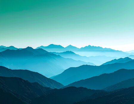 Layers of mountain silhouettes recede into a soft, misty haze, creating a tranquil and serene landscape. The cool blue and teal tones evoke a sense of peace, calm, and the vast, quiet majesty of nature, perfect for concepts of meditation, journey, and perspective.の素材