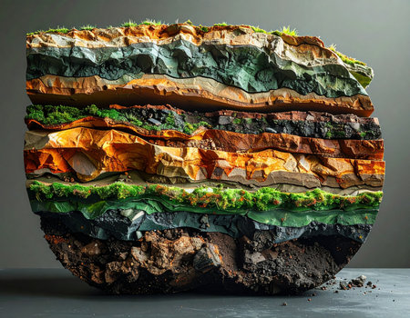 A detailed cross-section reveals the vibrant and complex layers of the earths crust. Each colorful stratum tells a story of geological time, from rich organic soil to deep mineral deposits, representing a timeline of history, growth, and environmental change waiting to be discovered.の素材
