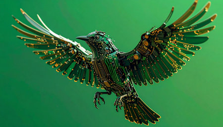 A magnificent steampunk crow, crafted from intricate gears and polished metal, soars through a vibrant green void. Its mechanical wings are a testament to innovation, symbolizing the fusion of nature and technology, freedom, and the future of artificial intelligence.の素材