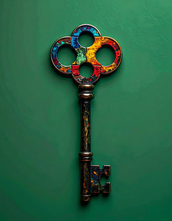 An ornate, vintage key with a vibrant, multicolored bow rests on a deep green background. This symbolic object represents unlocking creativity, finding unique solutions, and discovering hidden opportunities and secrets.の素材