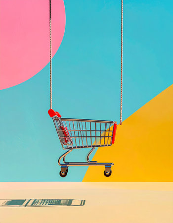 In a vibrant, surreal world of bold colors and sharp lines, a shopping cart dangles precariously, suspended just out of reach of the money below. This conceptual image explores themes of modern consumerism, the allure of spending, and the financial strings that often control our purchasing desires.の素材