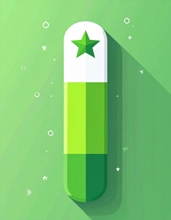 A single, powerful capsule, marked with a star of excellence, represents the ultimate solution for health and vitality. This flat design illustration symbolizes a premium vitamin, a super-supplement, or a breakthrough in modern medicine, offering a boost of energy and well-being.の素材