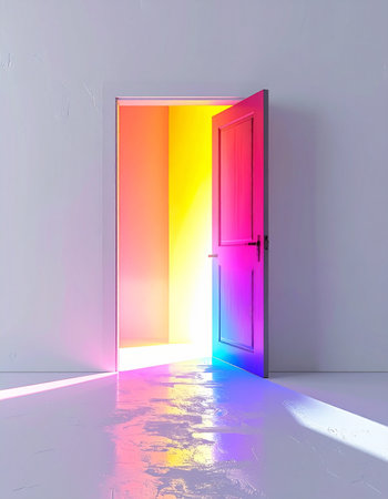 An open door reveals a passage filled with vibrant, glowing rainbow light, casting colorful reflections across a minimalist white room. This image symbolizes hope, new beginnings, and the endless possibilities that await when one steps into a future of creativity, diversity, and positive change.の素材
