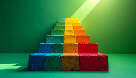 A pyramid of colorful blocks forms a stairway, with each step representing a stage of progress. A single beam of light illuminates the peak, symbolizing the achievement of a goal, success, and the bright future that awaits after a dedicated journey of growth and development.の素材