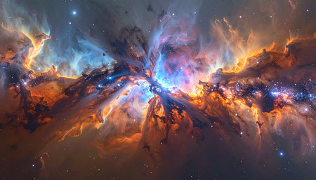 A breathtaking view of a stellar nursery where new suns are born. Clouds of interstellar gas and dust in vibrant hues of blue and orange are illuminated from within by the intense radiation of young, massive stars, showcasing the raw power and beauty of cosmic creation.の素材
