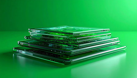 A collection of transparent CD jewel cases is stacked neatly against a vibrant green background. The dramatic lighting creates sharp reflections, highlighting the clean lines and nostalgic form of this once-ubiquitous digital media format.の素材