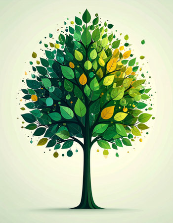 A vibrant tree bursts with life, its leaves a dynamic confetti of green and gold hues. This stylized illustration symbolizes growth, creativity, and the interconnectedness of nature, making it a perfect visual for concepts of environmental sustainability, personal development, and fresh beginnings.の素材