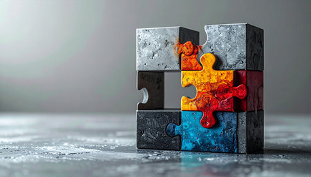 A monolithic concrete puzzle cube sits on a reflective surface, its uniformity broken by a missing piece. This opening reveals a vibrant, colorful core, symbolizing the hidden potential, creative solution, or unique element that completes the whole. Its a powerful metaphor for innovation, synergy, and finding the key to success within a complex structure.の素材