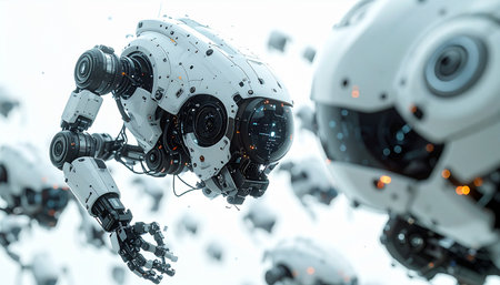 A fleet of advanced AI robots navigates a bright, sterile environment. These autonomous drones, showing signs of wear, represent the future of technology, surveillance, and artificial intelligence in a complex, interconnected network.の素材