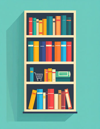 A modern bookshelf stands against a teal wall, its shelves neatly packed with colorful books. Among the volumes, a tiny shopping cart symbolizes the ease of online book shopping and the digital acquisition of knowledge, blending traditional learning with modern e-commerce.の素材