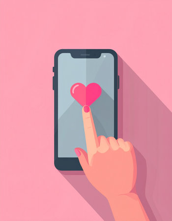 A users finger gently taps a glowing heart icon on a smartphone, symbolizing a moment of digital connection, affection, or approval. This flat design illustration captures the modern experience of finding love on a dating app or showing support on social media.の素材