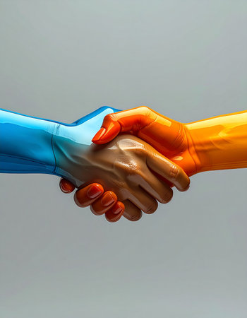 In a symbolic gesture of progress, a human hand warmly clasps a digital, robotic one. This powerful image represents the dawn of a new era of collaboration, where human ingenuity and artificial intelligence unite to forge partnerships, drive innovation, and build a shared future.の素材