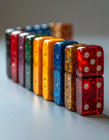 A vibrant collection of colorful, translucent gaming dice are arranged in a neat row, showcasing a spectrum of hues. The shallow depth of field focuses on the foreground, highlighting the texture and detail of each die, suggesting concepts of chance, strategy, and the anticipation of a game about to begin.の素材