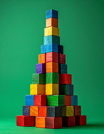 Each colorful wooden block contributes to a larger whole, forming a stable pyramid against a solid green backdrop. This image serves as a powerful metaphor for teamwork, organizational growth, and building a solid foundation for future success.の素材
