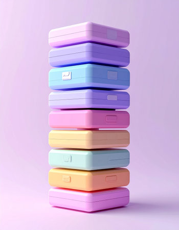 A perfectly balanced tower of pastel-colored blocks stands against a soft lavender background. This minimalist composition evokes a sense of calm, order, and playful creativity, ideal for concepts of organization, design, and gentle harmony.の素材