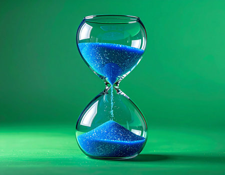 A modern hourglass with vibrant blue sand marks the steady passage of time. Set against a solid green background, this image symbolizes deadlines, countdowns, and the precious, finite nature of every moment. The flowing sand is a powerful metaphor for process, patience, and the constant movement towards a conclusion.の素材