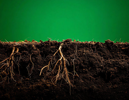 A detailed view of the hidden world beneath the surface, where intricate plant roots anchor themselves in rich, dark earth. This cross-section, isolated on a vibrant green background, symbolizes growth, foundation, and the unseen networks that support all life, making it ideal for concepts in agriculture, science, and environmentalism.の素材
