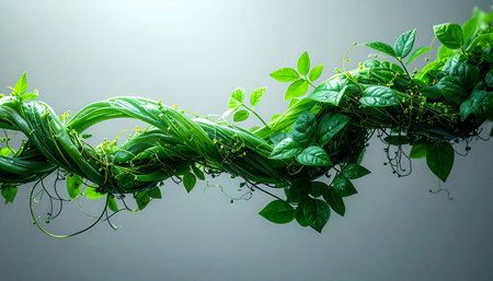 A vibrant green vine twists and turns, its leaves reaching out in a display of natural strength and vitality. Set against a clean, neutral background, this image symbolizes growth, connection, and the intricate beauty of natures network.の素材
