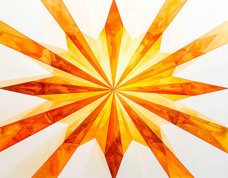 An energetic explosion of orange and yellow watercolor radiates from a central point, creating a dynamic and hopeful starburst. This abstract illustration evokes feelings of warmth, optimism, and creative breakthrough, perfect for designs needing a positive and inspiring touch.の素材