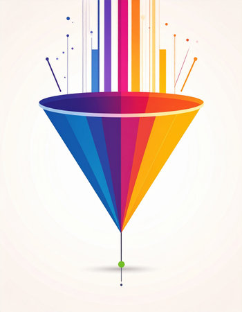 A dynamic illustration of a data funnel where multiple streams of colorful information are collected and processed. This graphic symbolizes filtering, organization, and conversion, turning complex data into a single, clear result, perfect for representing sales funnels and data analysis.の素材