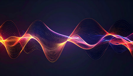 A dynamic and vibrant visualization of a digital waveform flows across a dark background. This luminous stream of energy, glowing in warm hues of orange and red, represents concepts like sound, data transmission, technological innovation, and the rhythmic pulse of the digital world.の素材