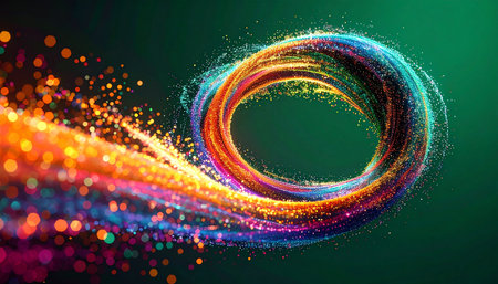 A brilliant vortex of multicolored light particles and glowing sparks swirls through space, creating a dynamic ring of pure energy. This abstract visual represents concepts of innovation, digital transformation, and the limitless flow of creative ideas.の素材