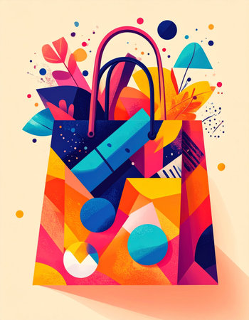 A burst of color and joy explodes from a shopping bag in this dynamic, geometric illustration. It captures the excitement of a special purchase or the delight of finding the perfect gift, representing modern consumerism and celebratory moments.の素材