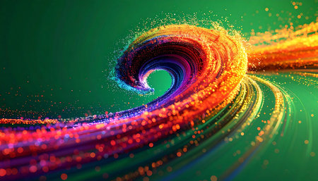 A vibrant torrent of colorful energy particles swirls through a digital space, forming a dynamic vortex. This abstract representation visualizes the flow of data, technological innovation, and the powerful, chaotic beauty of information in motion.の素材