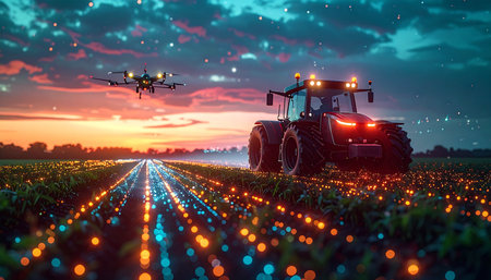As the sun sets in a blaze of color, a high-tech tractor and an autonomous drone work in perfect harmony. Glowing data points illuminate the crops, symbolizing the flow of information in a smart farm. This image captures the cutting edge of agritech, representing a future of precision, efficiency, and sustainable food production through automation and artificial intelligence.の素材