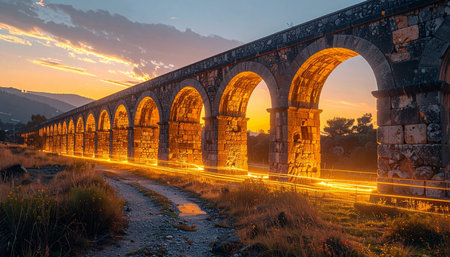 A magnificent ancient Roman aqueduct stands as a testament to history, its stone arches glowing with warm, golden light against a dramatic sunset sky. Long exposure captures the flow of light, bridging the gap between a storied past and a vibrant present in a breathtaking landscape.の素材