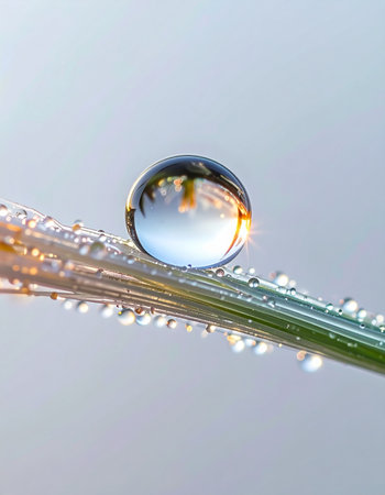 A single, perfect sphere of dew captures the essence of a new day. The world, a golden sunrise, is held in miniature within this tiny lens, resting delicately on a blade of grass, symbolizing clarity, hope, and natural wonder.の素材