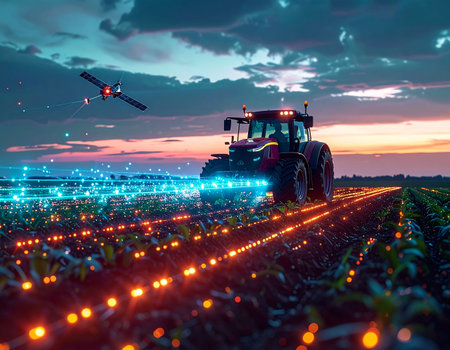 At twilight, an autonomous AI-powered tractor navigates a field, its sensors glowing as it analyzes crop health. Overhead, a drone provides an aerial perspective, collecting data in a seamless network of smart farming technology, representing the future of sustainable food production.の素材