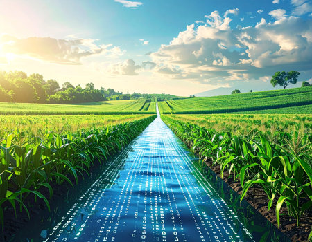 A digital highway of data flows through a lush cornfield at sunrise, symbolizing the fusion of nature and technology. This represents the future of smart farming, where big data, AI, and IoT drive agricultural innovation, efficiency, and sustainable growth.の素材