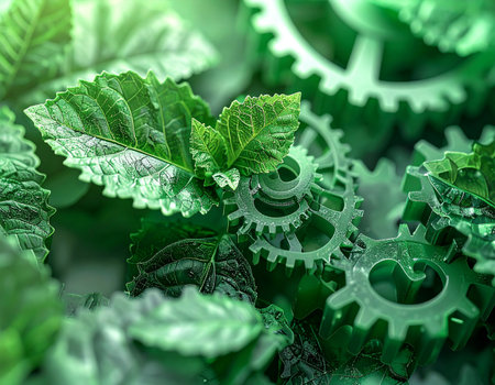 A macro view captures the intricate synergy between vibrant green leaves and complex mechanical gears. This conceptual image represents the harmony of nature and technology, symbolizing sustainable innovation, green engineering, and the future of eco-friendly solutions.の素材
