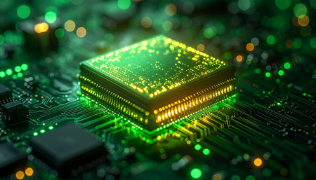 A powerful microprocessor glows with an intense green energy, symbolizing the core of advanced computing. This central processing unit on a complex circuit board represents the future of technology, from artificial intelligence and big data to the rapid flow of digital information.の素材