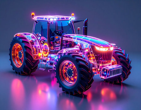 A vision of the future of agriculture, this high-tech tractor glows with vibrant neon energy. Its advanced design and illuminated circuitry symbolize the integration of cutting-edge technology, automation, and data-driven precision in modern farming.の素材
