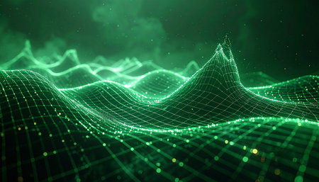 A luminous digital landscape undulates with waves of interconnected data points. This abstract terrain visualizes the complex flow of information through a futuristic network, representing concepts like big data, artificial intelligence, and the boundless frontier of cyberspace.の素材