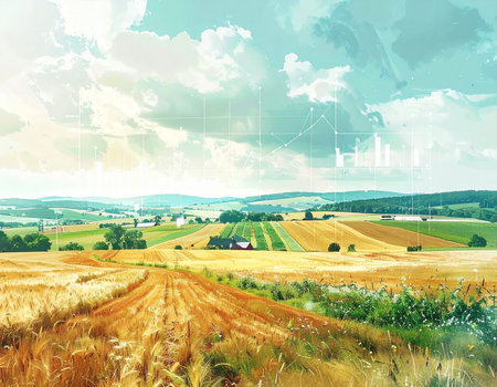 A serene and picturesque view of a rural landscape, where golden wheat fields meet lush green pastures under a soft, cloudy sky. This artistic rendering captures the idyllic beauty and peaceful abundance of the countryside during the summer harvest season.の素材