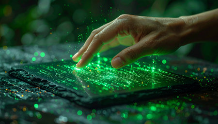 A gentle touch brings a futuristic interface to life, as glowing green data streams from a fingertip. This image represents the seamless integration of advanced technology with the natural world, symbolizing concepts like sustainable innovation, green energy, and the future of human-computer interaction.の素材