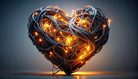 A heart sculpted from a complex tangle of wires glows warmly from within. This image represents the intricate and powerful connections of modern love, technology, and the energy that binds them together in a digital age.の素材
