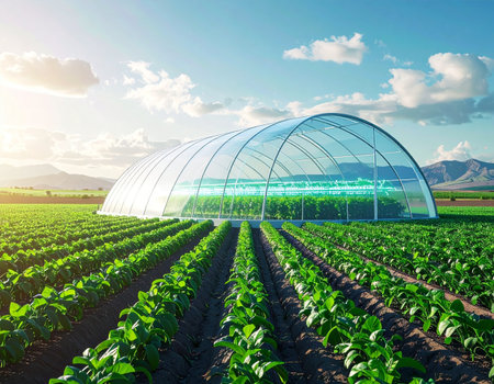 Bathed in the golden light of a hopeful sunrise, a state-of-the-art greenhouse stands as a beacon of modern agriculture. Rows of vibrant green crops stretch towards the horizon, symbolizing a future where technology and nature work in harmony for sustainable food production.の素材