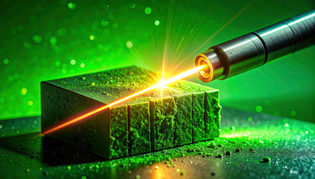 In a futuristic workshop bathed in green light, a high-intensity laser beam precisely carves a solid metal block. Sparks fly as advanced technology shapes raw material, symbolizing the power of modern industrial manufacturing, innovation, and engineering excellence.の素材